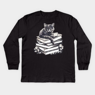 Bookish cat sleeping on books - Kitten lady & librarian gift Kids Long Sleeve T-Shirt